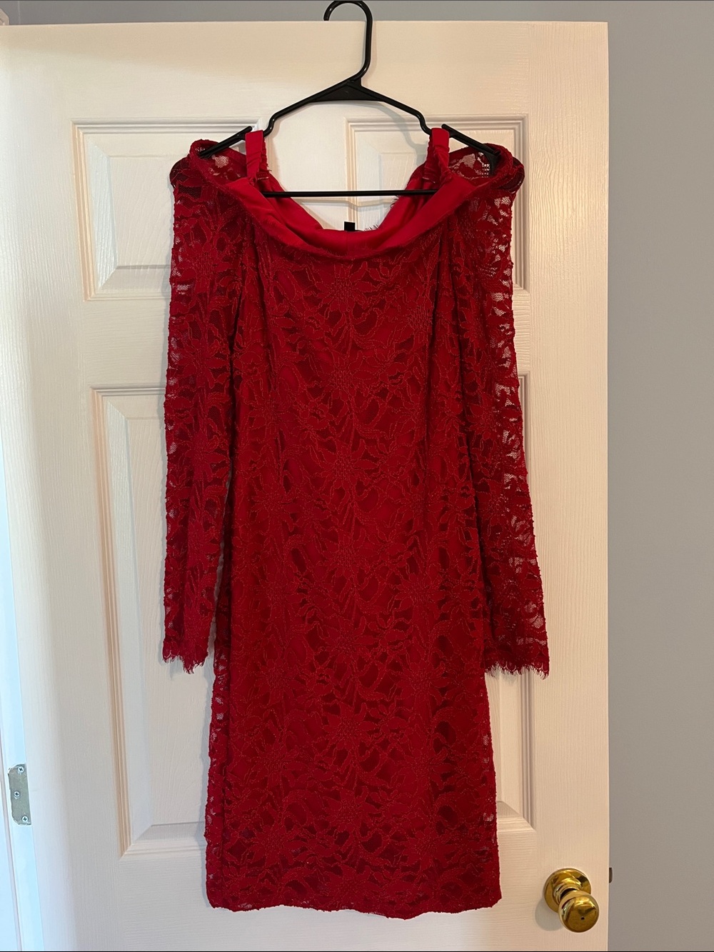 MARINA Red Lace Off-Shoulder Long Sleeve Dress